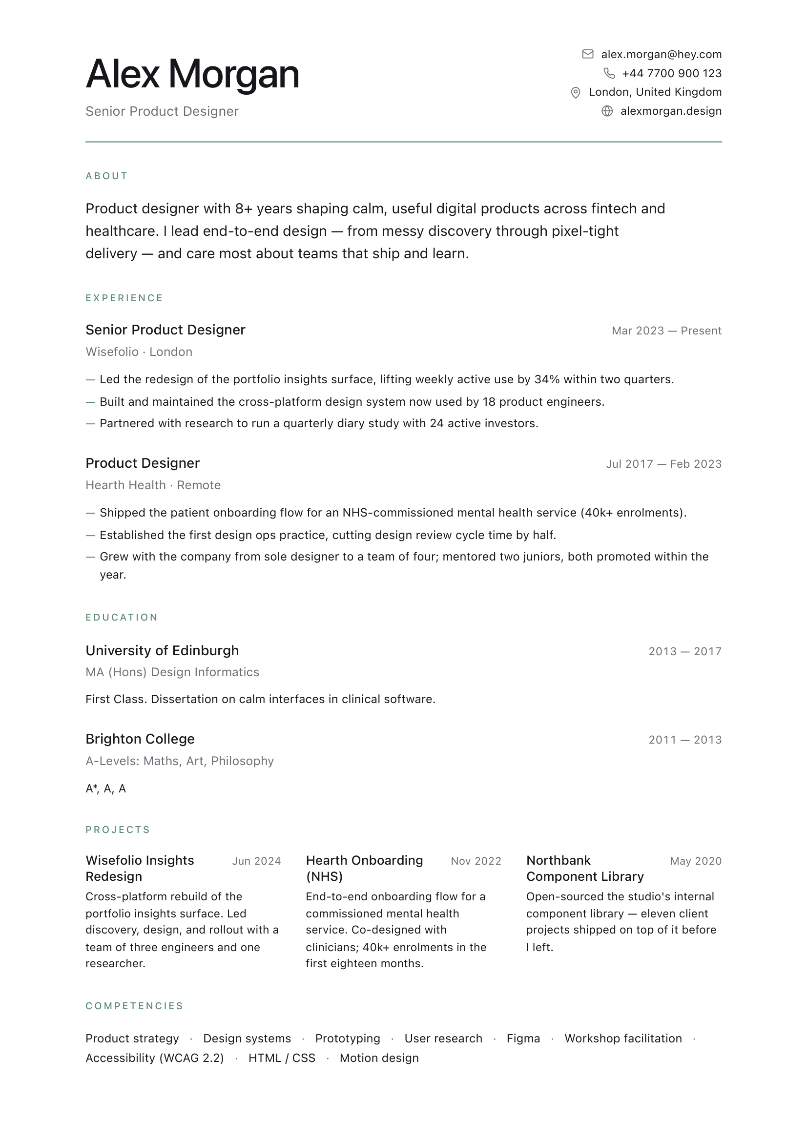 Sample CV — Alex, Product Designer