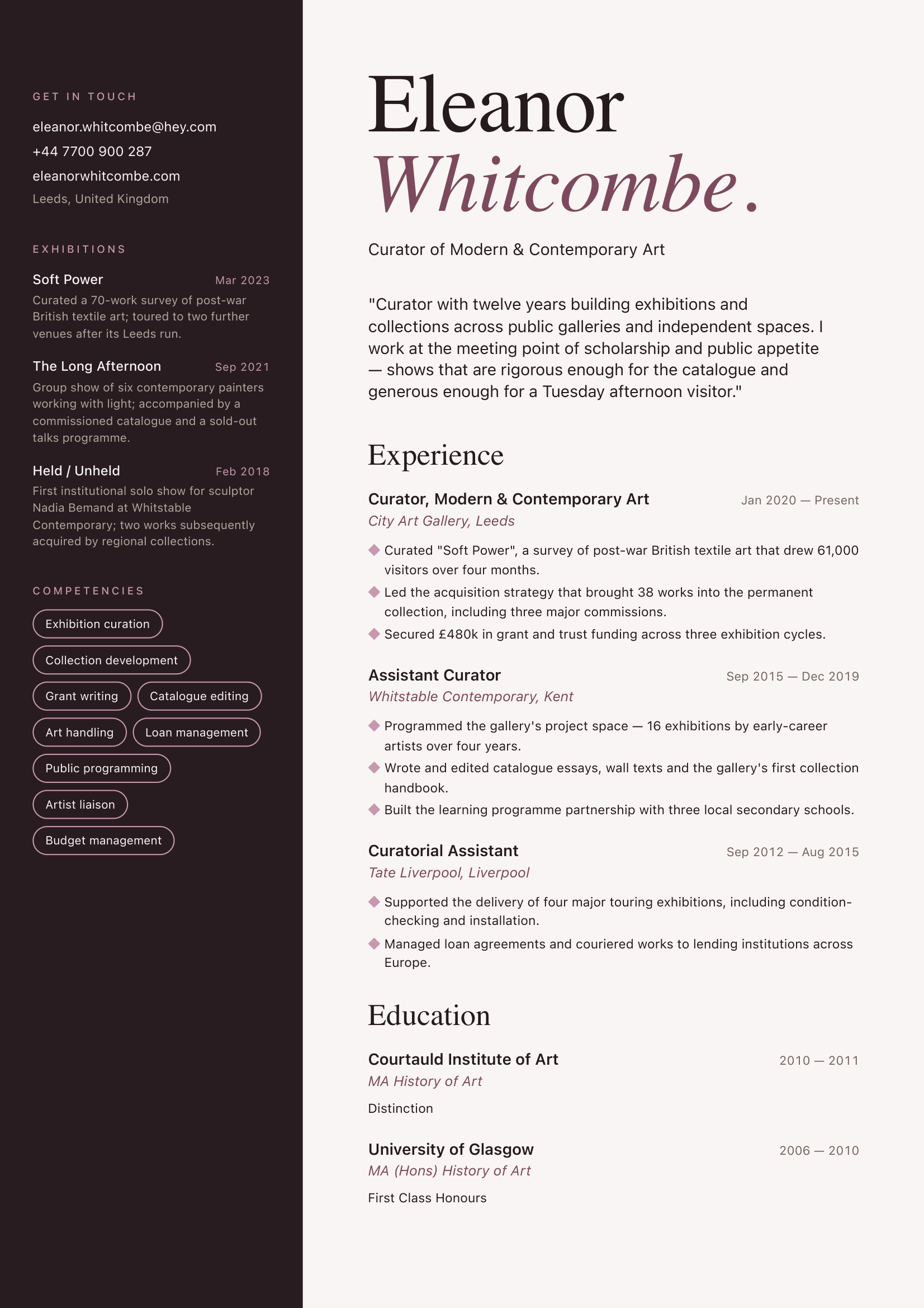 Sample CV — Eleanor, Art Curator