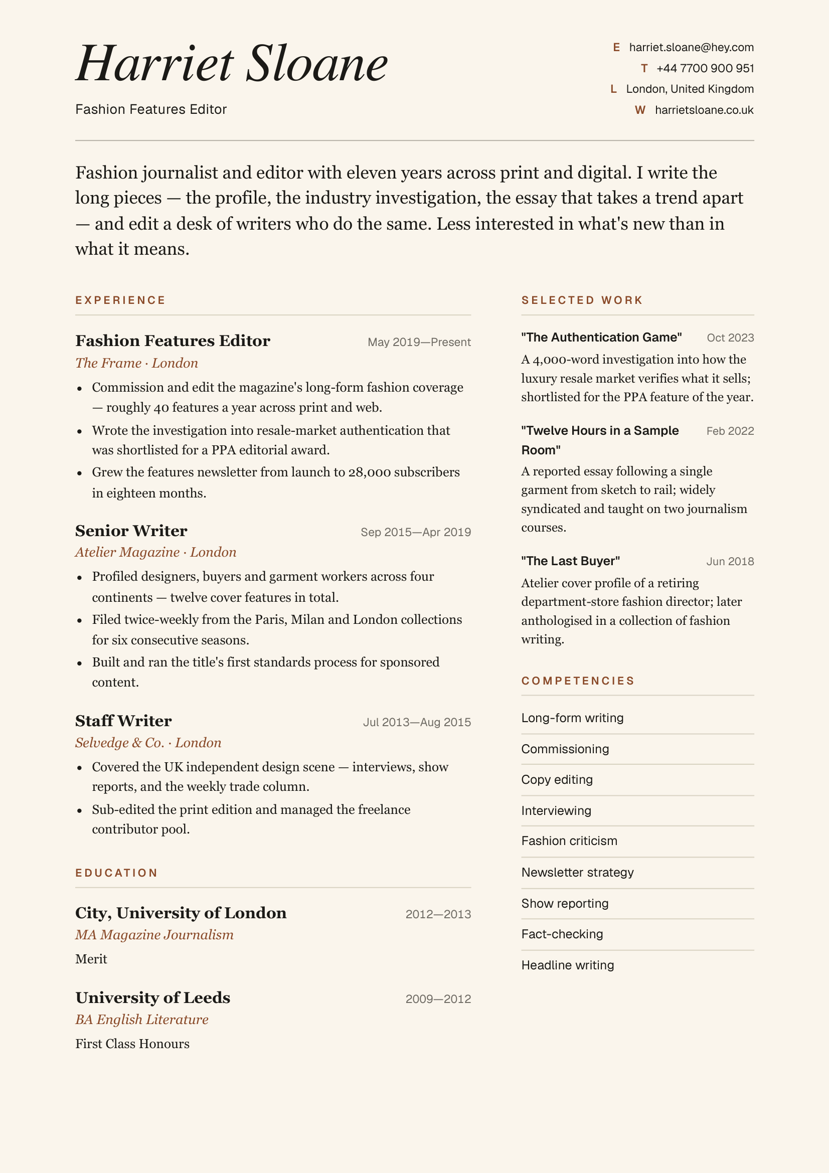Sample CV — Harriet, Fashion Journalist