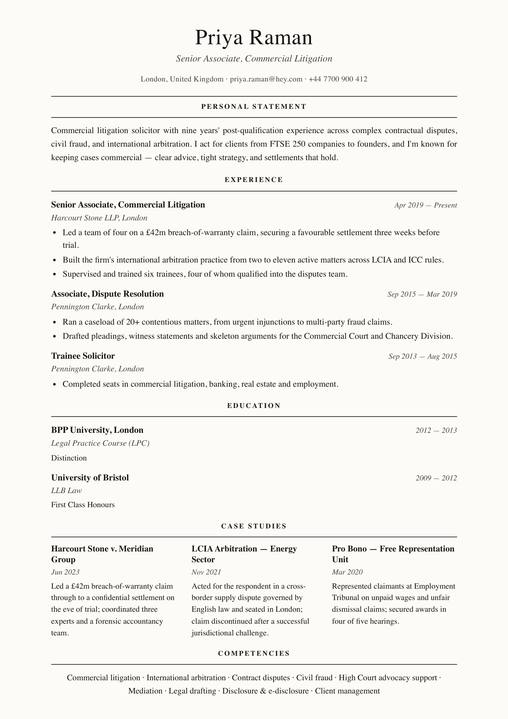 Sample CV — Priya, Solicitor